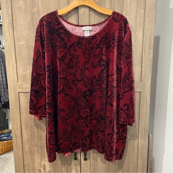 Catherines Tops - Catherines 3XWP Velvet Top Maroon‎ Black 3/4 sleeves